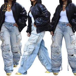 OEM ODM nuevas llegadas pantalones vaqueros de mujer moda High Street mujeres entrenamiento bolsillo pantalones vaqueros lavados Denim Cargo Jeans para mujeres