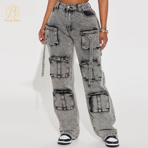 OEM ODM logotipo personalizado nueva moda Jeans de mujer gris Cargo holgados pantalones de mezclilla casuales sueltos con bolsillo Cargo Jeans para mujer