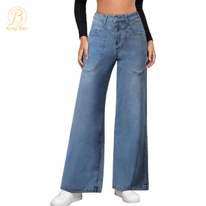 Pantalones vaqueros del superventas de la fábrica del ODM del OEM para los pantalones del dril de algodón de las mujeres para los pantalones flojos de la llamarada de la cintura alta de las señoras
